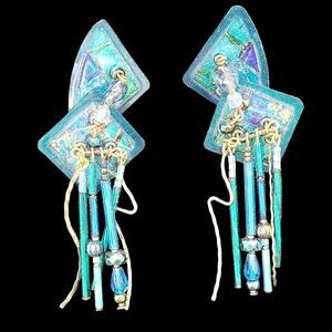 Vintage Artisan 80s Blue Green Iridescent Dangle Earrings Mixed Media Retro